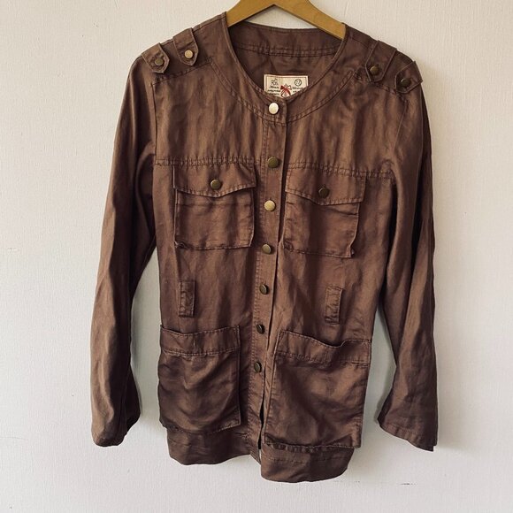 French Connection Linen Blend Safari Jacket Women's Size 2 Brown Button Front - Picture 1 of 4